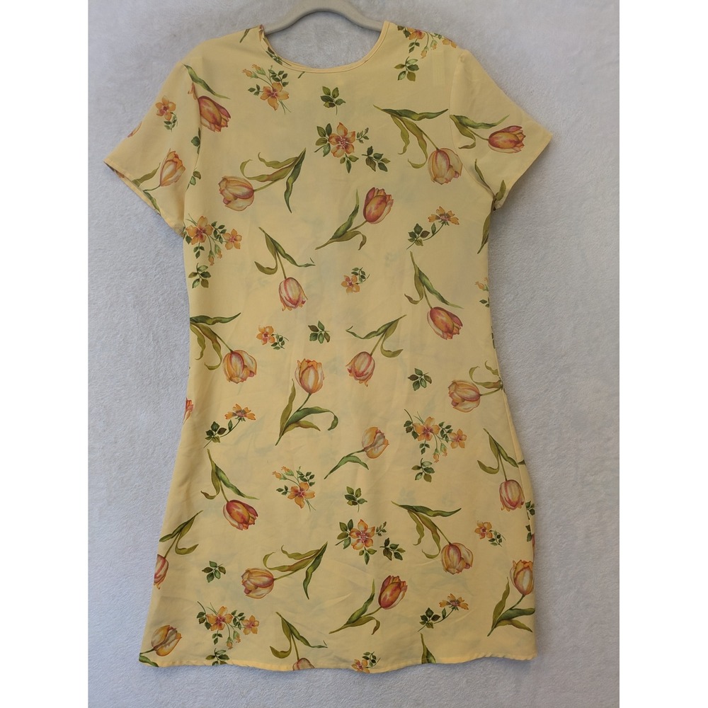 Basic Editions Dress Women's 8 Yellow Floral Tulip Print Short Sleeve Mini Shift
